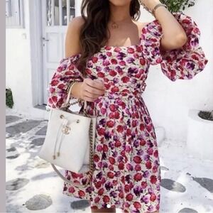 Zara Floral Mini Dress Off Shoulder Puff Sleeve Tie Waist Cottagecore S‎